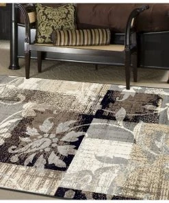 SUP Floral Patchwork Design Brown Ivory Area Rug