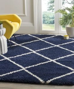 FAS All Area Rugs And Runners Diamond Trellis Navy/Ivory Soft Plush Shag Area Rug 2-inch Thick