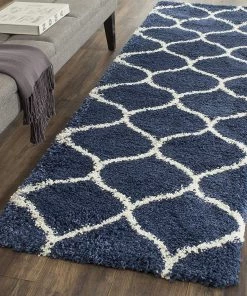FAS All Area Rugs And Runners Moroccan Pattern Navy Ivory Plush Shag Area Rug