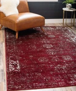 UL Vintage Distressed Bordered Burgundy Area Rugs