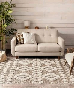 Varda Grey Tribal Cenar Beige Flat-Weave Hi-Low Pile Diamond Moroccan Tribal Area Rug