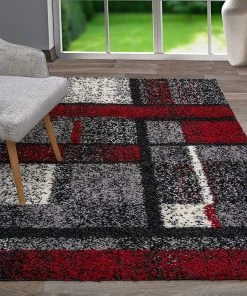 WW Geometric Pattern Red Gray Cozy Shag Area Rugs All Area Rugs And Runners