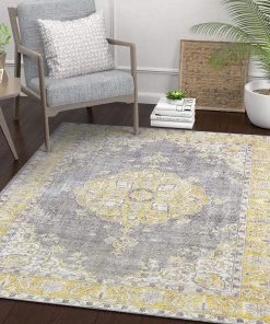 Modern Rugs And Decor All Area Rugs And Runners Mareva Machine Washable Yellow Vintage Oriental Medallion Area Rug