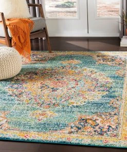 Aicha Teal Traditional Medallion All Area Rugs And Runners Vintage Medallion Teal Orange Multi-color Area Rug
