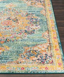 Aicha Teal Traditional Medallion All Area Rugs And Runners Vintage Medallion Teal Orange Multi-color Area Rug