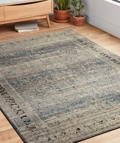 Alexander Home Carissa Distressed Floral Border All Area Rugs And Runners Millennium Collection Soft Area Rug, Grey/ Blue