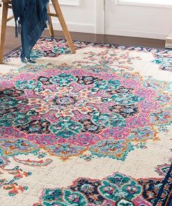 Aoede Traditional Fuchsia Floral Medallion Teal Fuchsia Cream Multi-color Area Rug