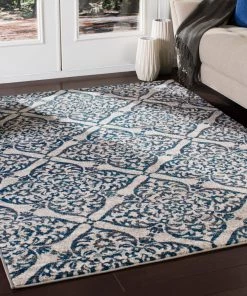 Azhar Transitional Floral Trellis Navy Blue Gray Ivory Area Rug