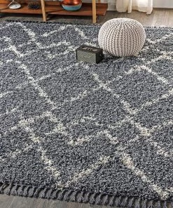 Jonathan All Area Rugs And Runners Mercer Plush Tassel Moroccan Tribal Geometric Trellis Denim Blue/Cream Shag Area Rug