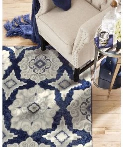 FAS Geometric Navy Blue Gray Ivory Soft Area Rugs All Area Rugs And Runners