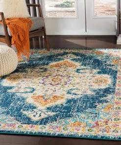 Chahira Navy & Saffron Vintage All Area Rugs And Runners Vintage Medallion Navy Ivory Multi-color Area Rug