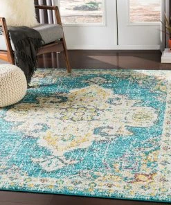 Chahira Teal Vintage Distressed Medallion All Area Rugs And Runners Vintage Medallion Teal Multi-color Area Rug