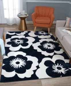 WRG Floral Navy Ivory Soft Shag Area Rug
