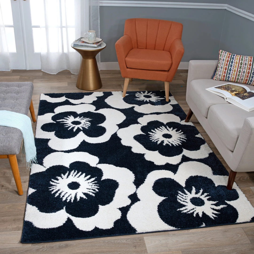 WRG Floral Navy Ivory Soft Shag Area Rug 1 WRG Floral Navy Ivory Soft Shag Area Rug