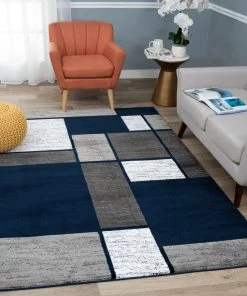 WRG All Area Rugs And Runners Box Pattern Navy Grey White Soft Area Rug