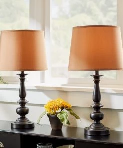 Modern Rugs And Decor Home Décor 22 Inch Bronze Finish Coffee Fabric Shades Table Lamp (Set Of 2)