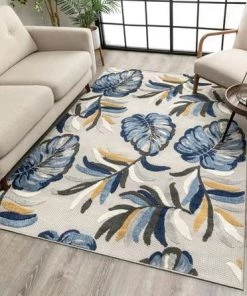 WW Blue Modern Tropical Indoor Outdoor Area Rug