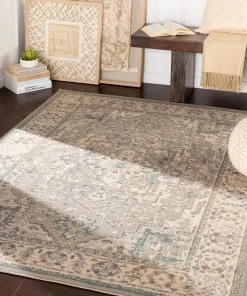 Dylan Beige/ Teal Vintage Traditional Bordered Beige Cream Teal Area Rug