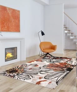 Ecarpetgallery Modern Floral Grey Orange Soft Rug