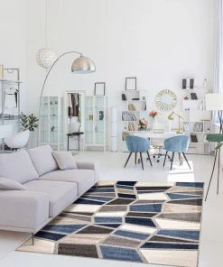 Ecarpetgallery Ivory Blue Geometric Indoor/ Outdoor Soft Rug