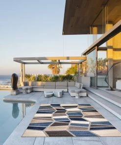 Ecarpetgallery Ivory Blue Geometric Indoor/ Outdoor Soft Rug