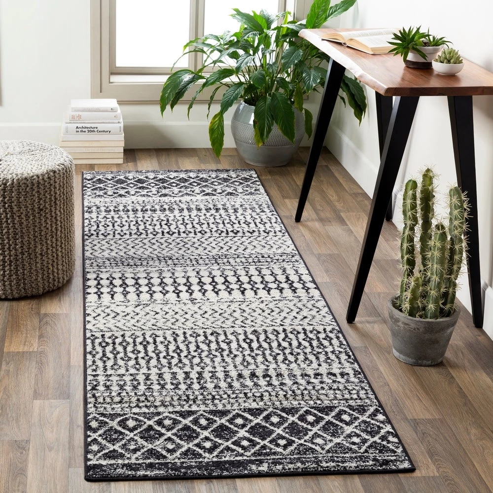 Edie Black & White Bohemian Distressed Geometric Black White Area Rug 7 Edie Black & White Bohemian Distressed Geometric Black White Area Rug