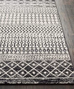 Edie Black & White Bohemian Distressed Geometric Black White Area Rug