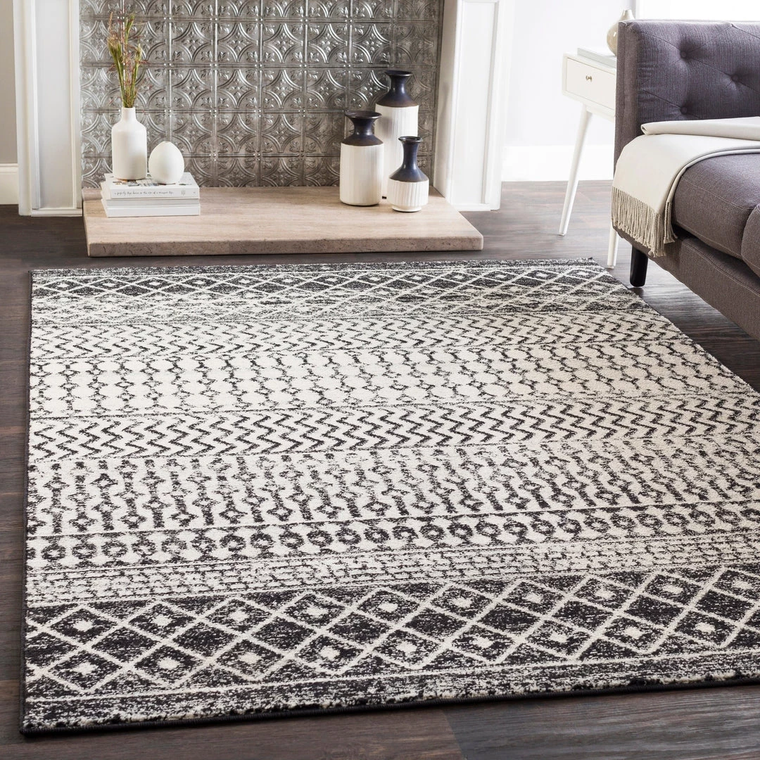 Edie Black & White Bohemian Distressed Geometric Black White Area Rug 1 Edie Black & White Bohemian Distressed Geometric Black White Area Rug