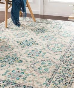 Eveliina Transitional T Transitional Border Soft Teal Lime Ivory Area Rug