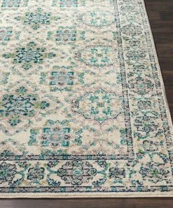 Eveliina Transitional T Transitional Border Soft Teal Lime Ivory Area Rug