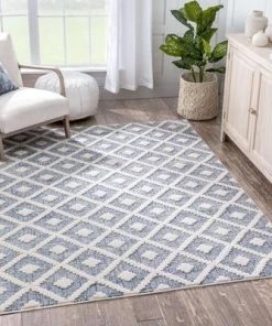 Well Woven Moroccan Lattice Trellis Blue Looped Pile Soft Area Rug