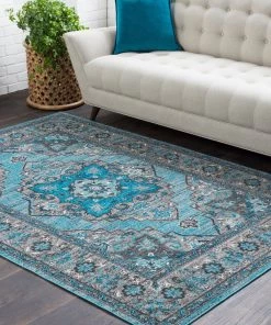 Haute Hali Blue Traditional Traditional Medallion Blue Gray Area Rug