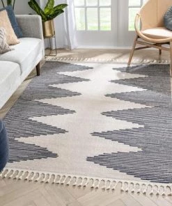 Well Woven Zipped Tribal Aztec Geometric Ivory & Navy Blue Kilim-Style Rug All Area Rugs And Runners