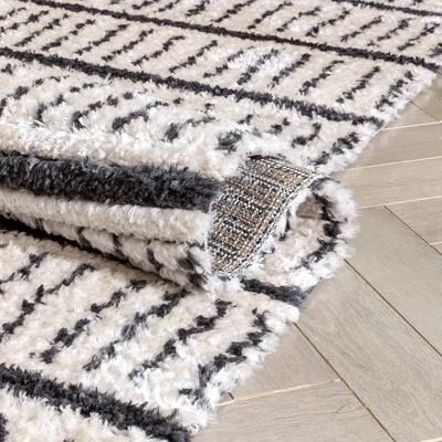 Viho Tribal Tribal Geometric Stripes Ivory High-Low Textured Pile Rug 4 Viho Tribal Tribal Geometric Stripes Ivory High-Low Textured Pile Rug