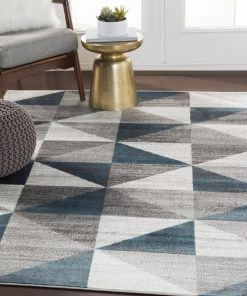 Metz Blue & Gray Mid-Century Geometr Geometric Blue Gray Area Rug