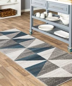 Metz Blue & Gray Mid-Century Geometr Geometric Blue Gray Area Rug