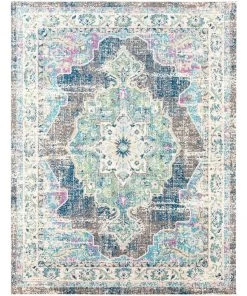 Mirvet Teal & Navy Vintage Medallion Teal Pale Fuchsia Multi-color Area Rug