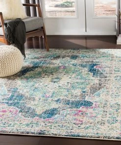 Mirvet Teal & Navy Vintage Medallion Teal Pale Fuchsia Multi-color Area Rug