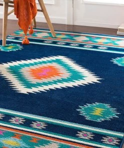Nurzhan Southwestern Southwestern Navy Blue Teal Area Rug