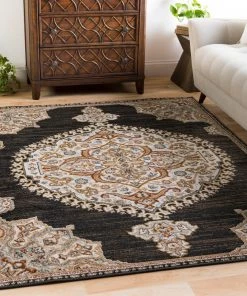 OPVM Vintage Medallion Black Tan Brown Area Rug
