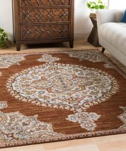OPVM Vintage Medallion Burnt Orange Beige Ivory Area Rugs