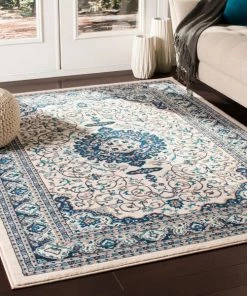 Phaenna Traditional Medallion Ivory Navy Blue Area Rug