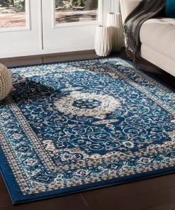 Phaenna All Area Rugs And Runners Traditional Medallion Navy Sky Blue Ivory Area Rug