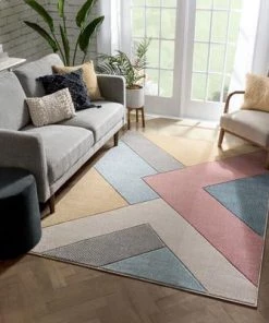 Well Woven Modern Geometric Triangle Pattern Multi Distressed High-Low Area Rug