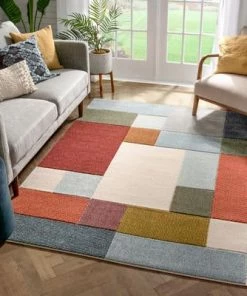 WW Addy Mid-Century Modern Geometric Squares Multi Distressed High-Low Rug All Area Rugs And Runners