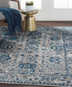 Reimes Blue & Gray Distressed Traditional Traditional Distressed Persian Pattern Sky Blue Light Gray Soft Area Rug