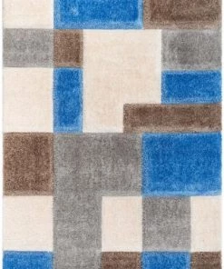 Modern Rugs And Decor Modern Geometric Boxes Shag Light Blue 3D Textured Thick & Soft Shag Area Rug All Area Rugs And Runners
