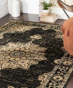 Sheridan Traditional Navy Traditional Medallion Distressed Black Beige Area Rug