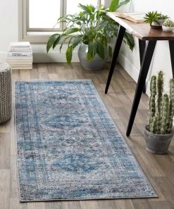 Evry Oriental Distressed Persian Pattern Sky Blue Light Gray Soft Area Rug