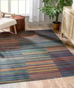 Well Woven Tribal Stripes Geometric Pattern Blue Red Distressed Soft Area Rug